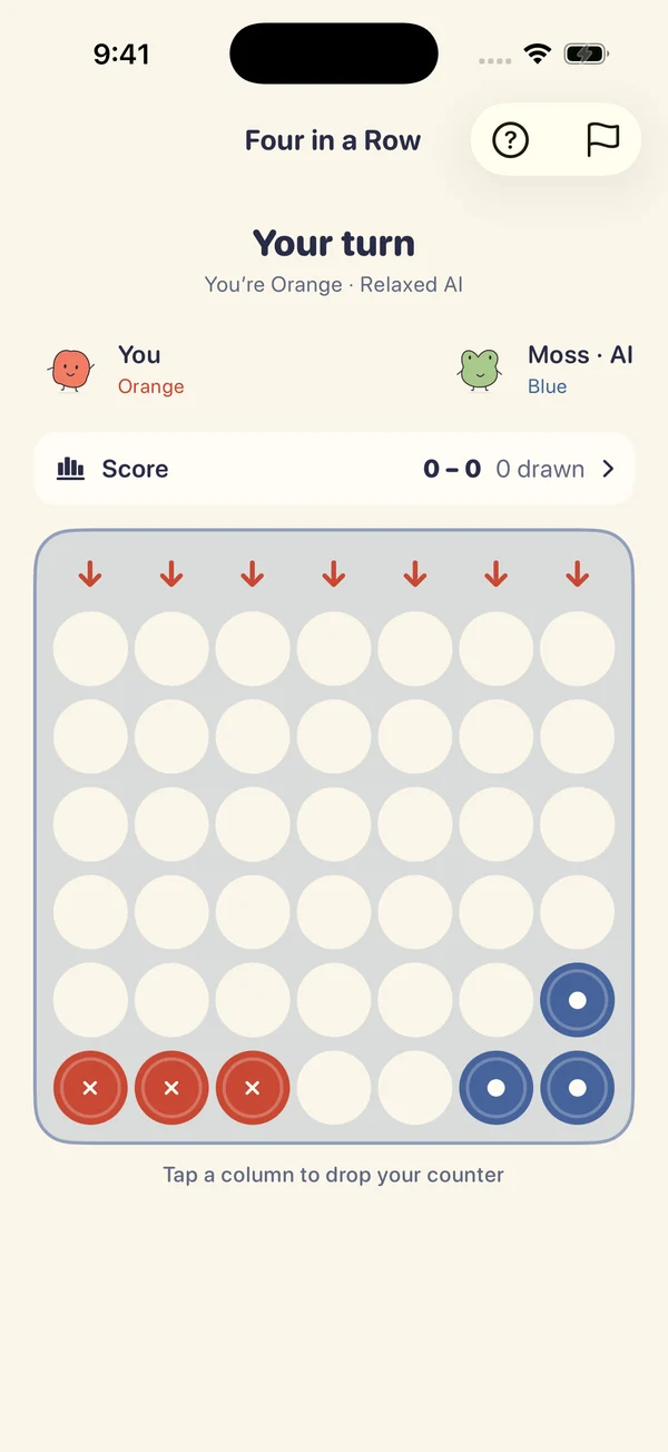 Four in a Row running in the Little Rivals iPhone app